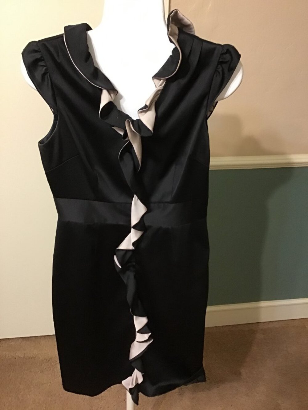 BCBG Paris Black Knee-Length Dress with Cream and Black Ruffle